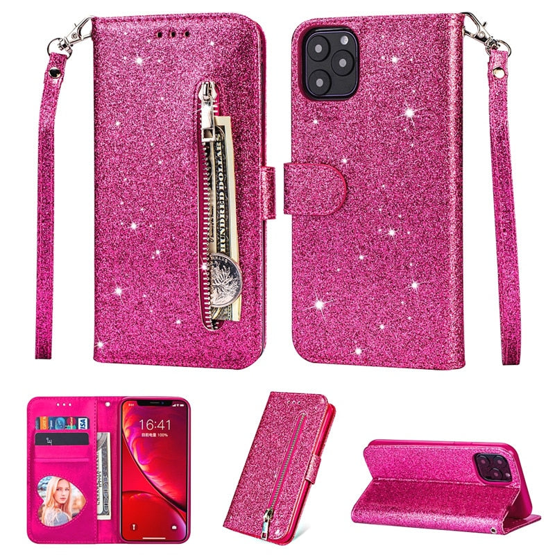 iPhone X Series Glitter Leather Zipper Wallet Case