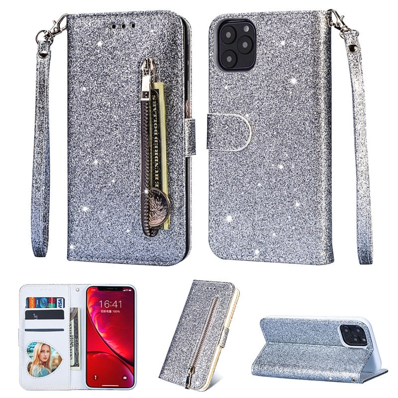 iPhone 12 Series Glitter Leather Zipper Wallet Case