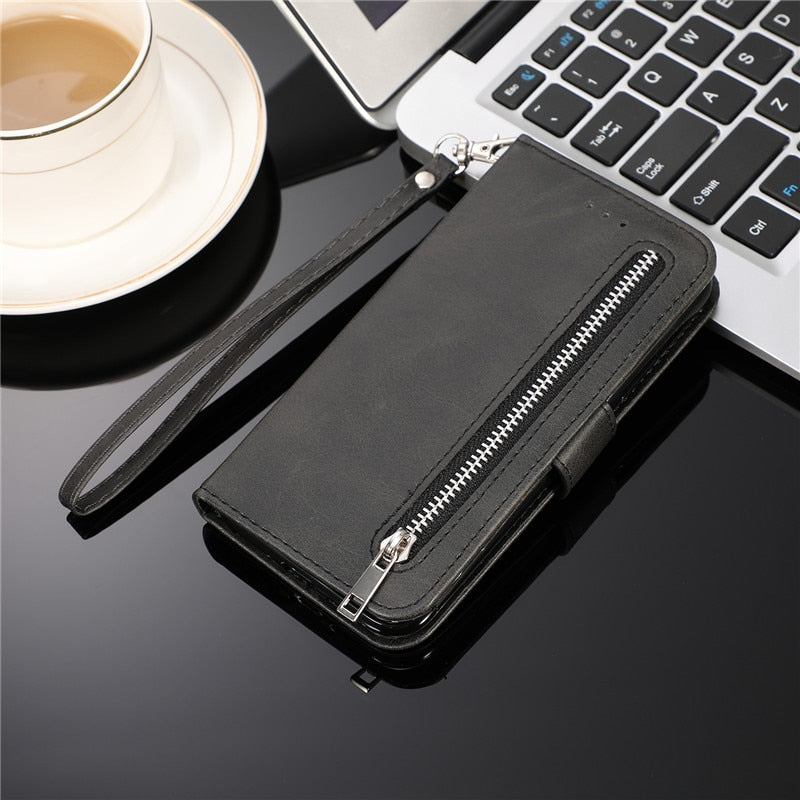 iPhone SE3/SE2/7/8 Luxury Leather Zipper Flip Wallet Case