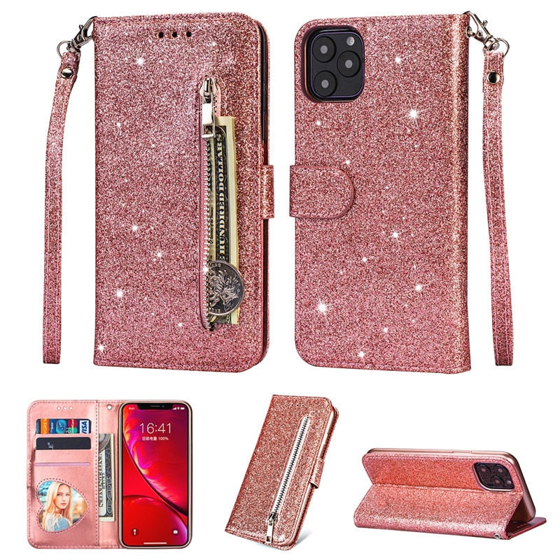 iPhone 12 Series Glitter Leather Zipper Wallet Case