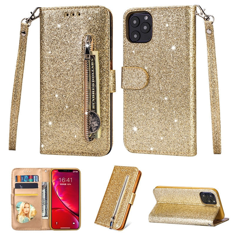 iPhone SE2/SE3/7/8 Series Glitter Leather Zipper Wallet Case