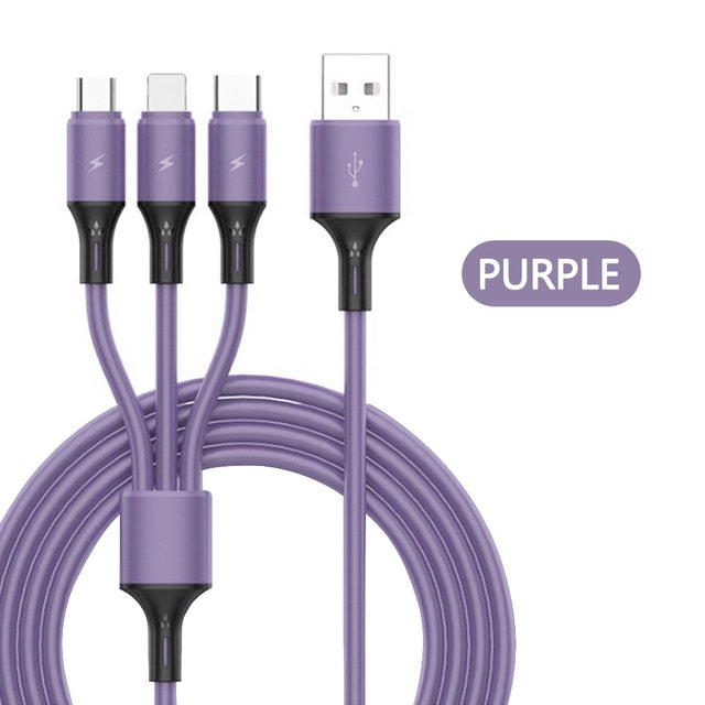 3 in1 5A Fast Charging Liquid Silicone Cable Supporting Lightning, Type C and Micro USB